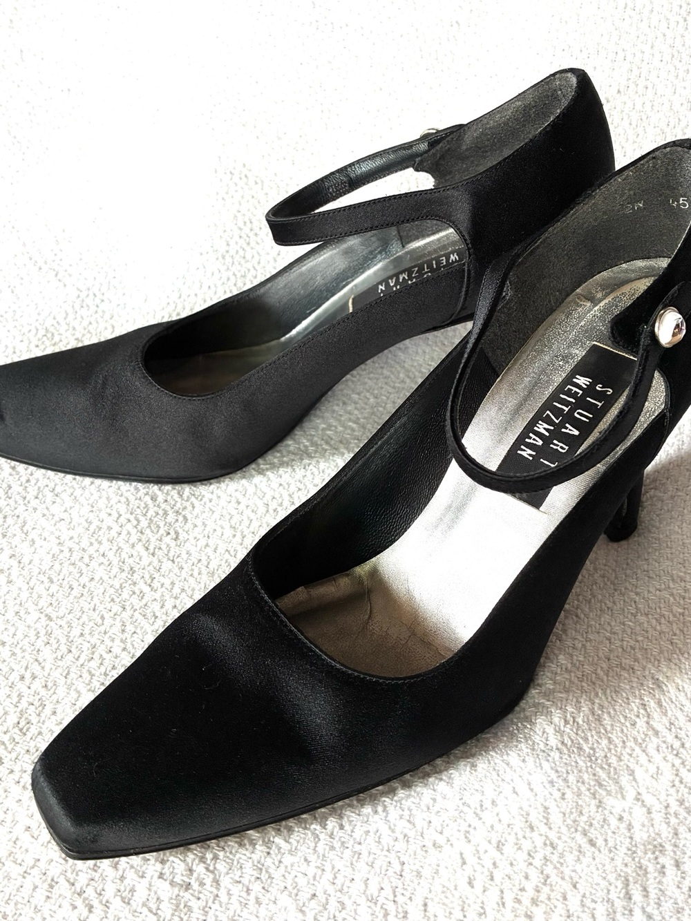 Stuart Weitzman Black Satin Square-Toe Mary Jane Pumps